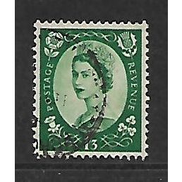 GREAT BRITAIN 1955 SG555 QEII ED CROWNS 1s 3d GREEN FINE USED #14