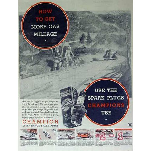 CHAMPION SPARK PLUGS 1934 how to get more gas mileage vintage ad
