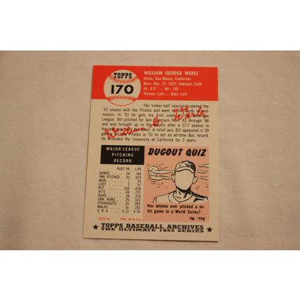 William Bill Werle 1991 Topps 1953 Archives NO. 170