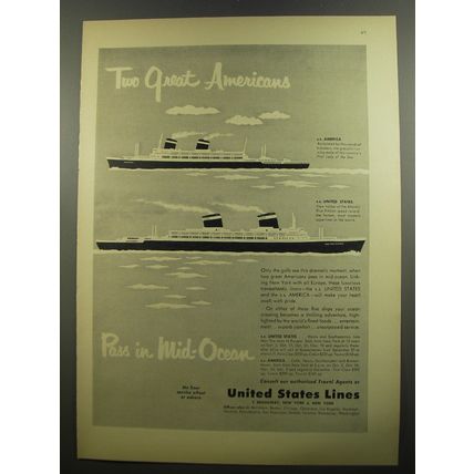 1952 United States Lines Cruise Ad - Two great Americans