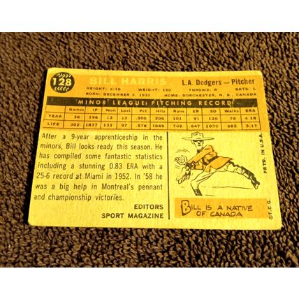 1960 Topps # 128 RC Bill Harris Los Angeles Dodgers Pitcher 3.0 VG Condition