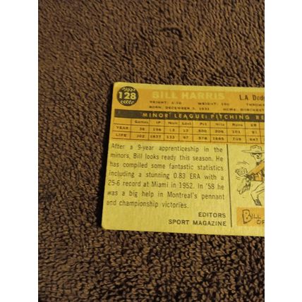 1960 Topps # 128 RC Bill Harris Los Angeles Dodgers Pitcher 3.0 VG Condition