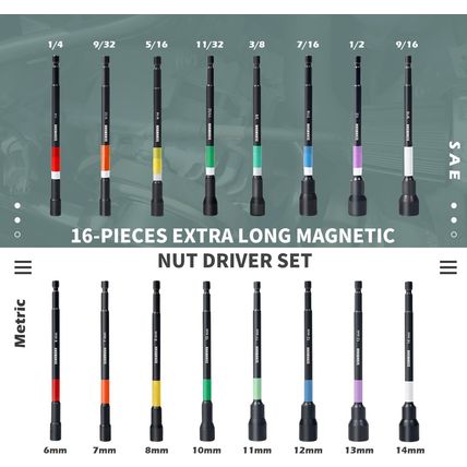 Magnetic Nut Driver Set, 16 PCS Long Nut Driver Set, 6 Inches, SAE & Metric,Colo