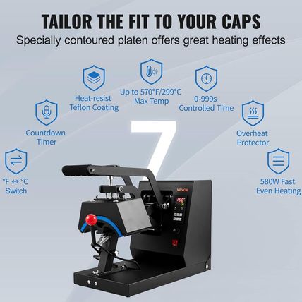 VEVOR 4-In-1 Heat Press Machine for Hats with 6X3Inches Curved Teflon-Coated Hea