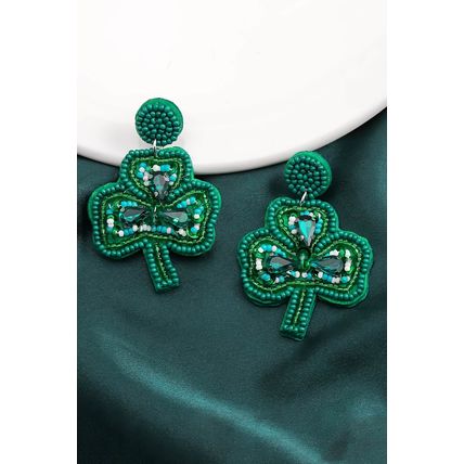 Blackish Green St Patrick Shamrock Rice Beaded Stud Earrings