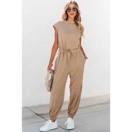 Light French Beige Cap Sleeve Open Back Drawstring Jogger Jumpsuit
