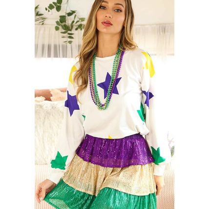 White Mardi Gras Star Printed Long Sleeve Top