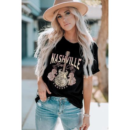 Black Nashville Music City Leopard Guitar Graphic T Shirt