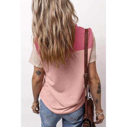 Pink Rib Textured Colorblock T Shirt