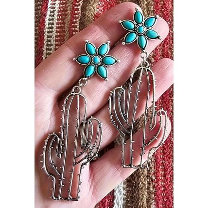 Silvery Western Turquoise Flower Cactus Dangle Earrings