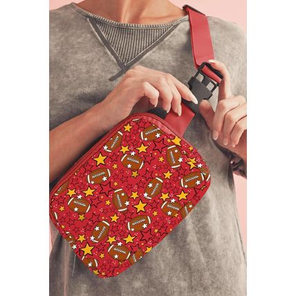 Fiery Red Rugby Star Printed Buckle Strap Crossbody Bag