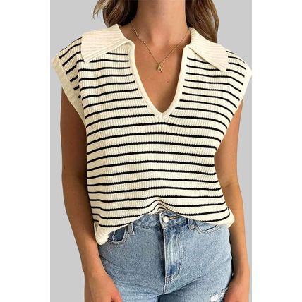 Beige Stripe Turn-down V Neck Sweater Tank Top