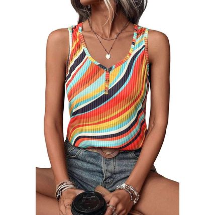 Multicolour Wavy Striped Buttoned V Neck Tank Top