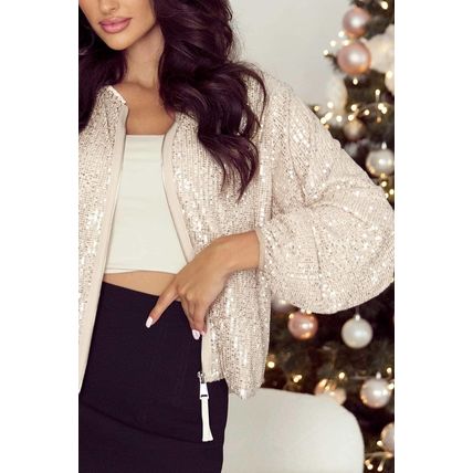 Apricot Sequin Zip up Round Neck Long Sleeve Jacket