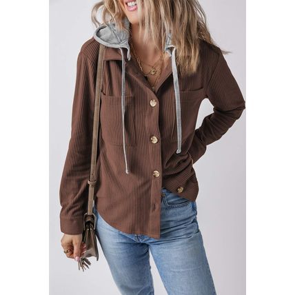 Coffee Hooded Drawstring Pockets Corduroy Shacket