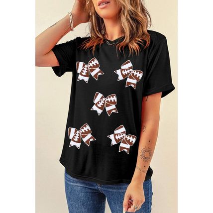Black Rugby Football Bowknot Pattern Game Day T Shirt