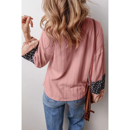 Dusty Pink Floral Patchwork Textured Knit Drawstring V Neck Blouse