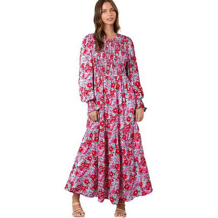 Sky Blue Floral Print Smocked Lantern Sleeve Tiered Maxi Dress