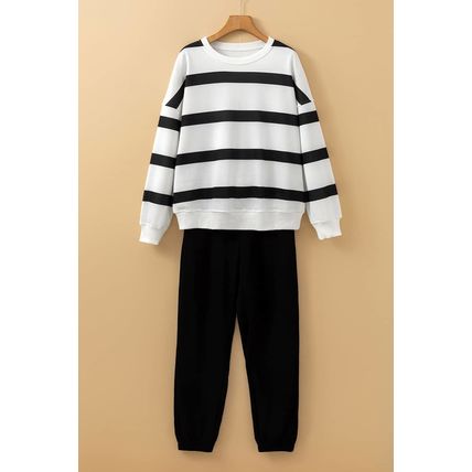 Black Stripe Drop Shoulder Pullover and Jogger Pants Set