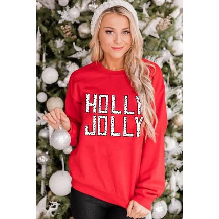 Red HOLLY JOLLY Dotty Letter Graphic Christmas Sweatshirt