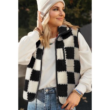 Black Checkered Sherpa Collared Jacket Vest