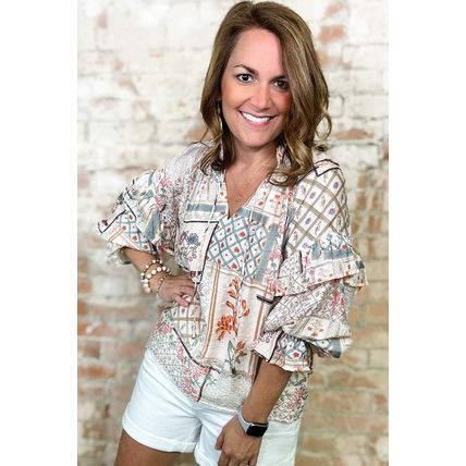 Multicolour Boho Floral Patched Ruffled Sleeve Tied Neck Blouse