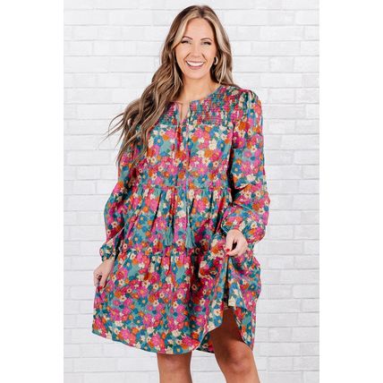 Sky Blue Plus Size Floral Print Shirred Ruffle Tiered Mini Dress