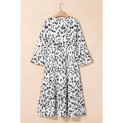 White Leopard Print Notch V Neck Loose Fit Maxi Dress