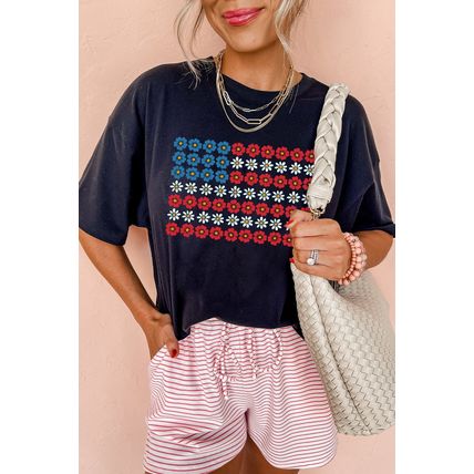 Black Cute Flowers Make Up American Flag Trendy Graphic T Shirt