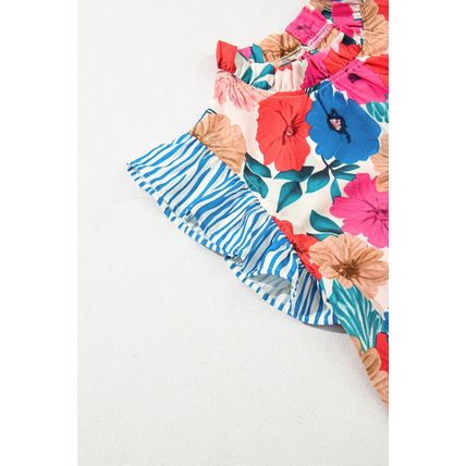 Sky Blue Floral Mock Neck Striped Flutter Sleeve Blouse