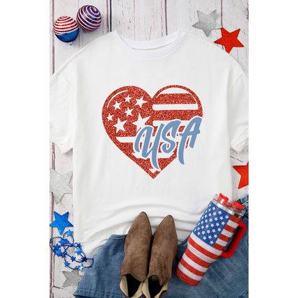 White Flag Pattern Inspired USA Heart Graphic Tee