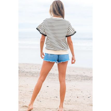 Black Stripe Scallop Lace Trim Ruffle Short Sleeves Crewneck Top