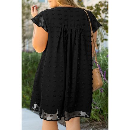 Black Dotty Textured Notched Neck Plus Ruffled Dress