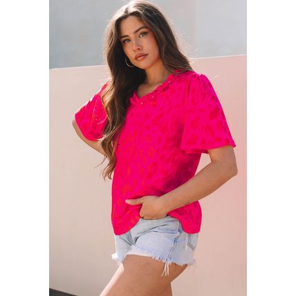 Rose Leopard Frilly V Neck Short Sleeve Blouse