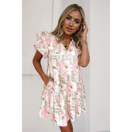 Pink Floral Contrast Edge Layered Short Sleeve Mini Dress