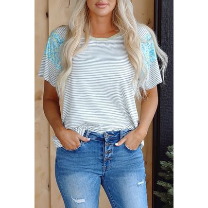 White Stripe Floral Insert Sleeves Contrast Round Neck Tee