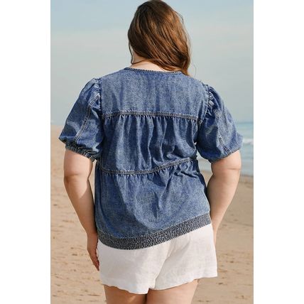 Sail Blue Plus Drawstring V Neck Puff Sleeve Denim Blouse