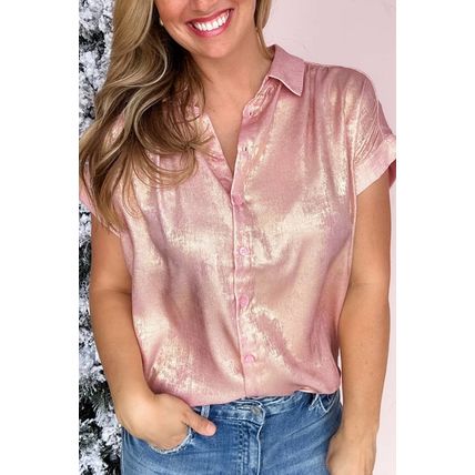 Delicacy Metallic Buttoned Loose Fit Short Sleeve Shirt