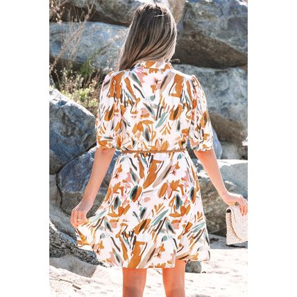 Brown Abstract Printed Puff Sleeve Button Up Braided Belt Mini Dress