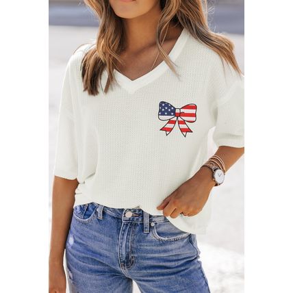 White Embroidered Stars Stripes Bowknot Logo Textured Knit T Shirt