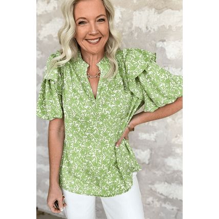Light Green Floral Ruffle Puff Short Sleeve Frilled Collar V Neck Blouse