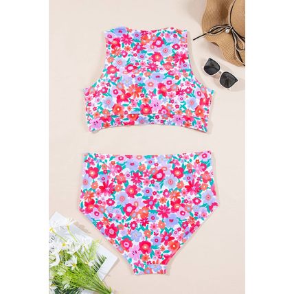 Rose Plus Size Floral Print Twisted High Waist Bikini Set