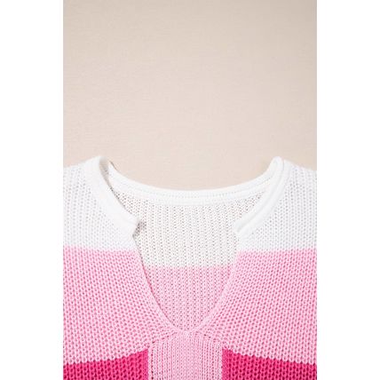 Pink Color Block Notch V Neck Sweater T Shirt