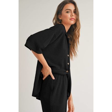 Black Solid Color Textured Buttoned Shirt and Casual Pants Set
