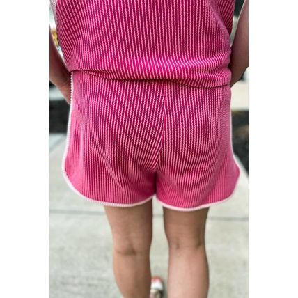 Rose Red 3D Spiral Ribbed Texture 2 Tones Patchwork Short Set