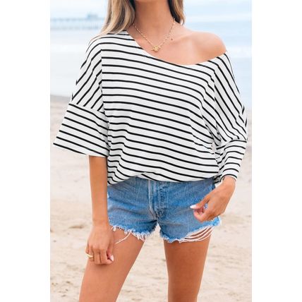 Black Stripe Half Sleeve Scoop Neck Loose Top