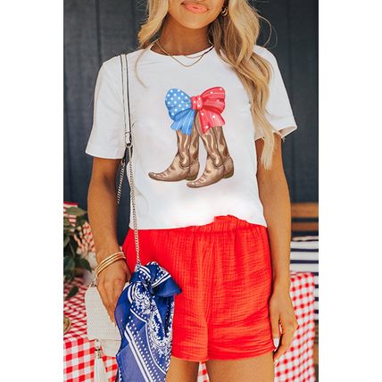 White Patriotic Bow Cowgirl Boots Printed Cotton Blend T Shirt