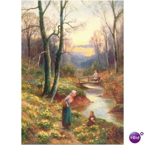 GB Postcard - Picking Primroses By The Stream