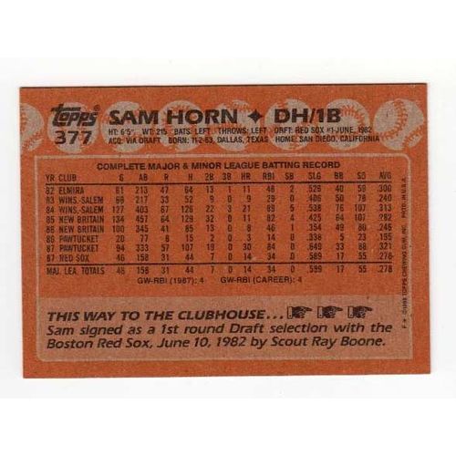 1988 Topps Sam Horn RC baseball rookie card #377 – Red Sox