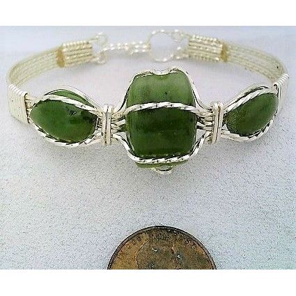 Jade Silver Wire Wrap Gemstone Bangle Cuff Bracelet Sz. 7